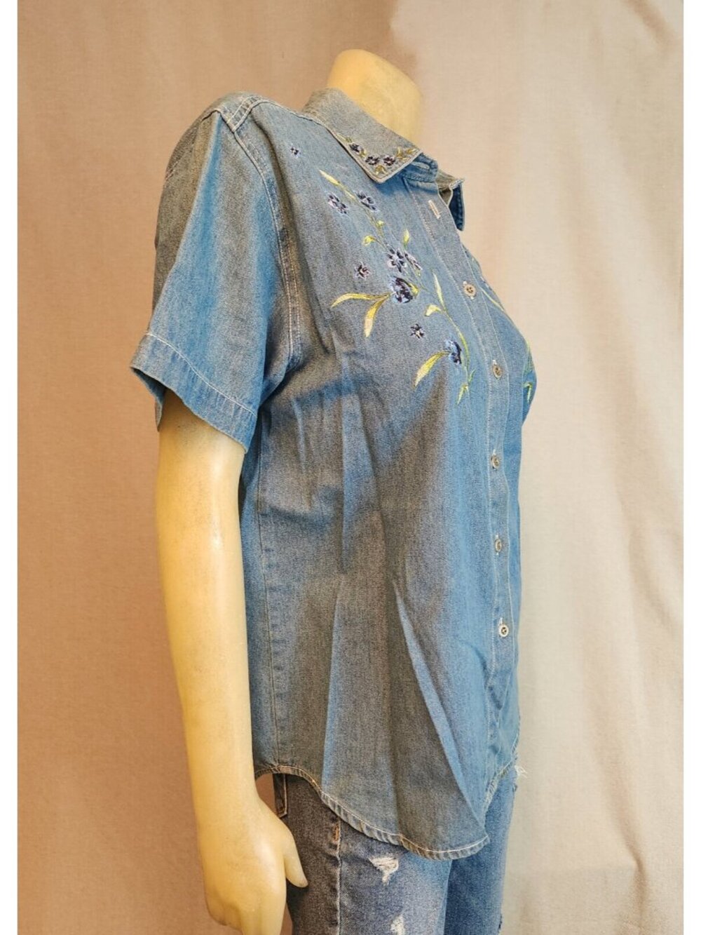 Capacity Petites Denim Blue Floral Button 90s Blouse Shirt Top Womens MEDIUM - Picture 5 of 6